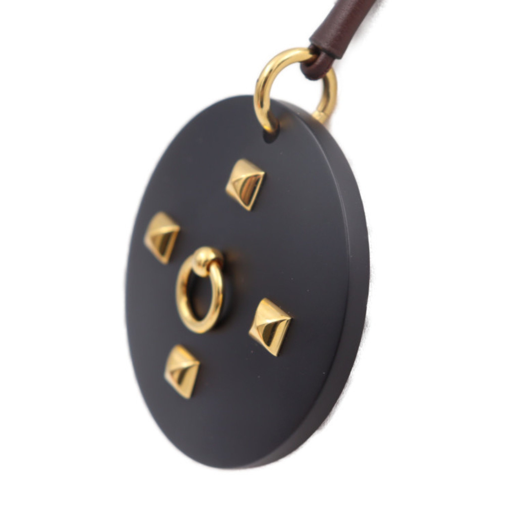 HERMES Hermes Medor Collie de Cyan Necklace Wood Leather Black Brown Gold Metal Fittings Round Pendant