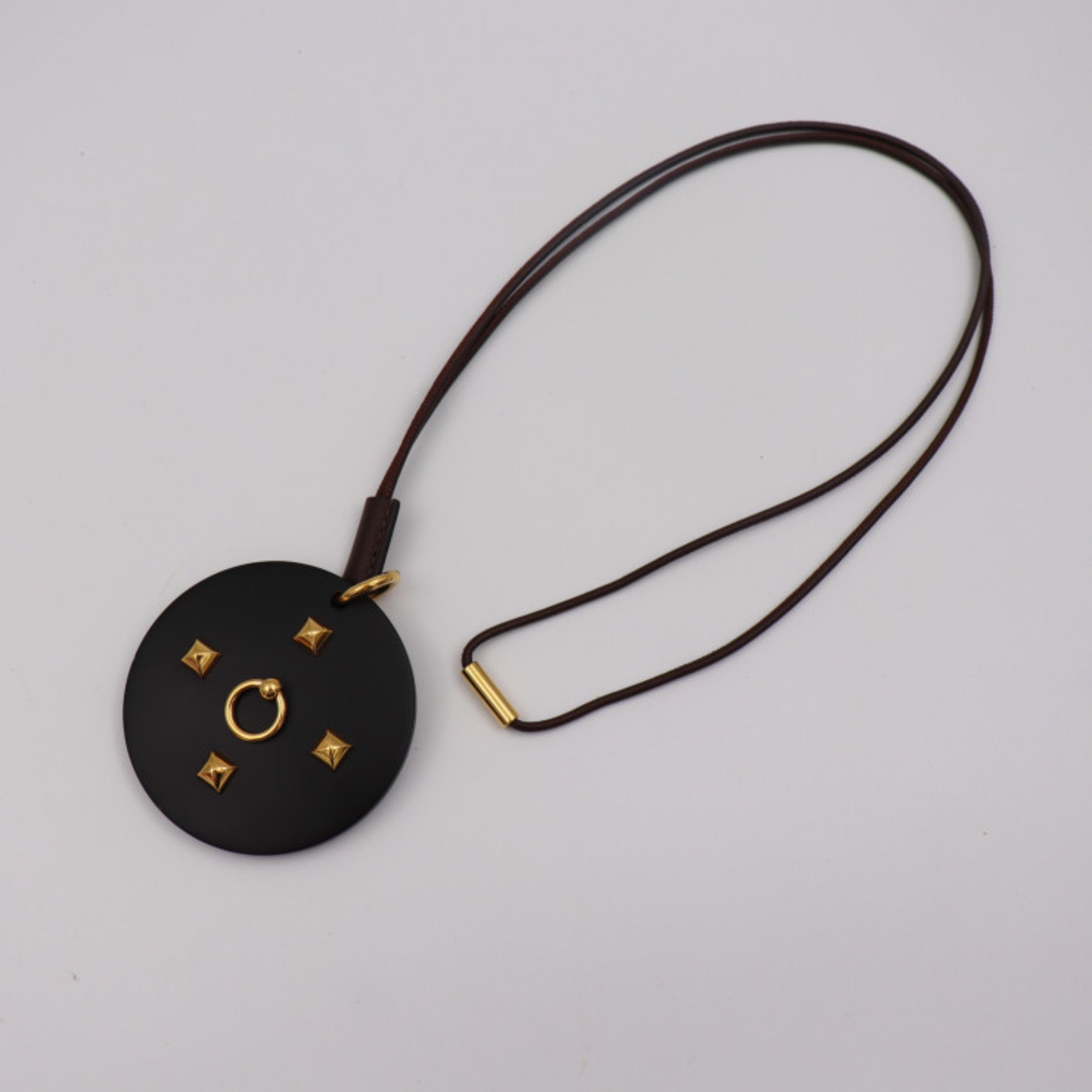 HERMES Hermes Medor Collie de Cyan Necklace Wood Leather Black Brown Gold Metal Fittings Round Pendant