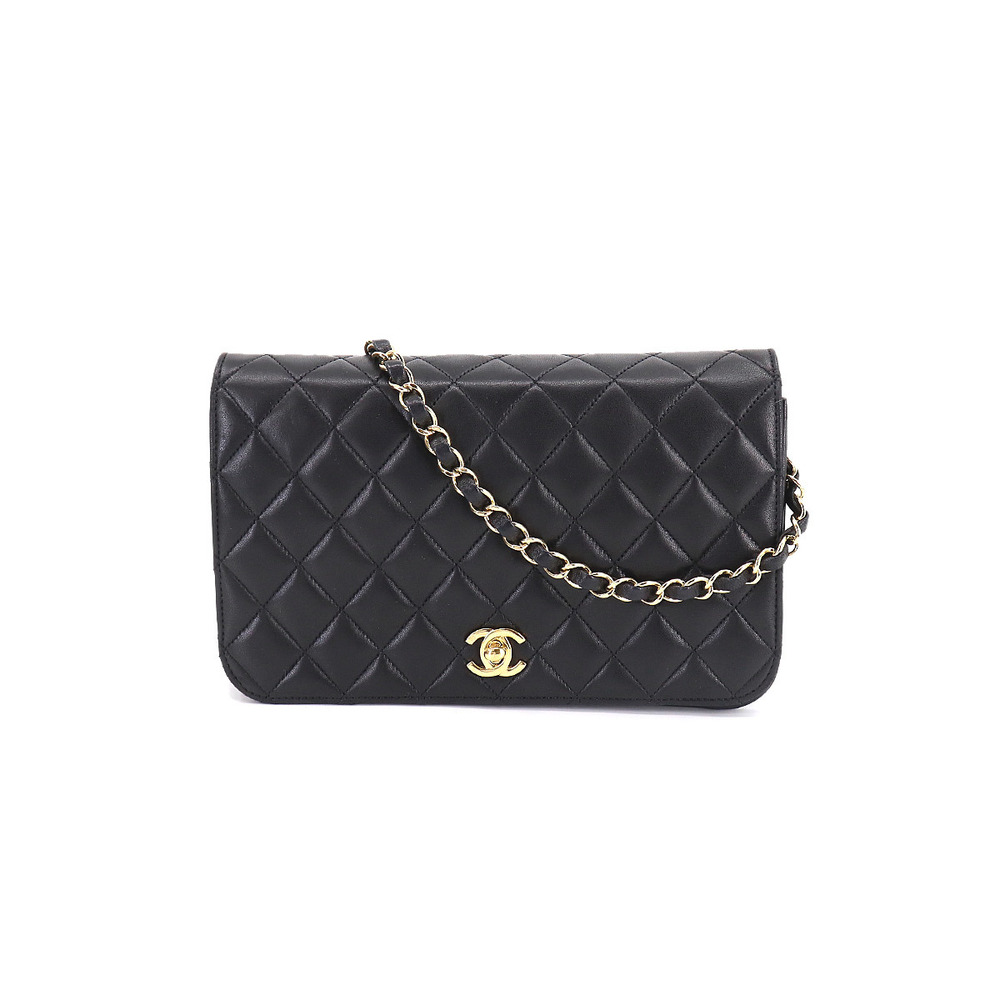 Auth CHANEL Double Flap Black Quilted Leather Gold Chain