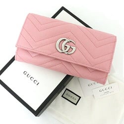 GUCCI Gucci GG Marmont Continental Wallet Bifold Long Double G Chevron Quilted Leather 443436 Pink Silver Hardware