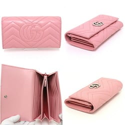 GUCCI Gucci GG Marmont Continental Wallet Bifold Long Double G Chevron Quilted Leather 443436 Pink Silver Hardware