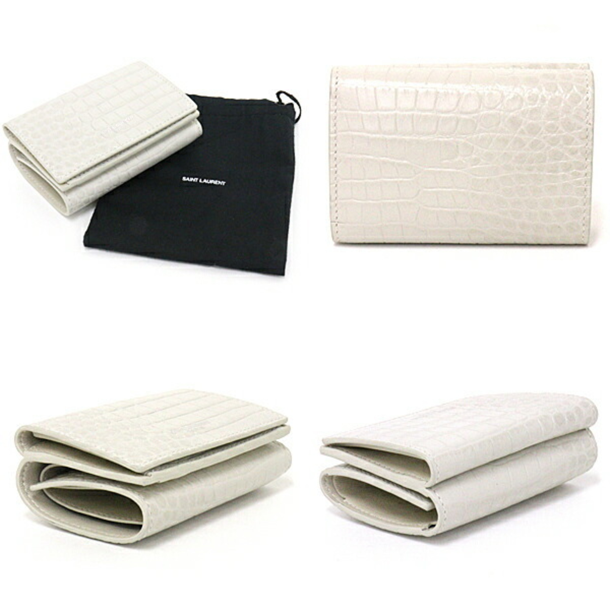 SAINT LAURENT Saint Laurent Tiny Wallet Trifold Mini Compact Embossed Leather 459784 White Silver Hardware