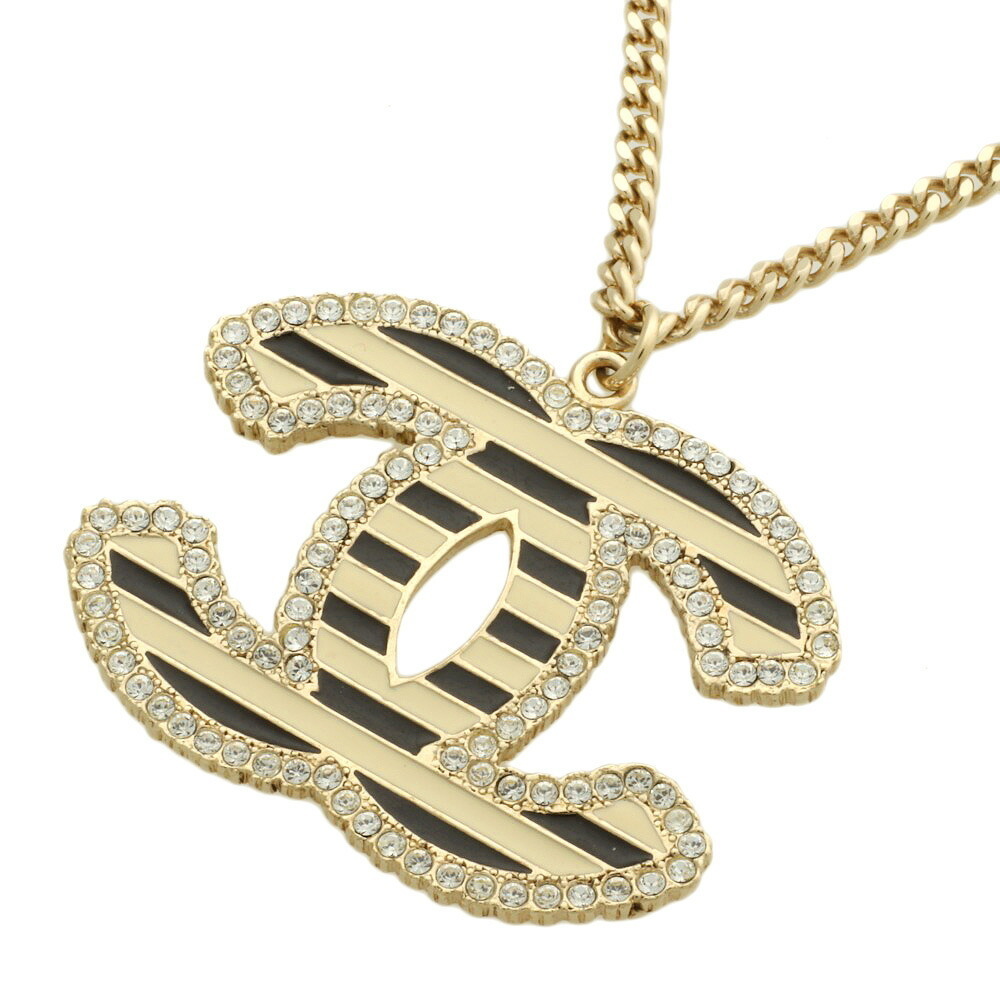 Chanel CHANEL here mark necklace rhinestone black × white border 06A