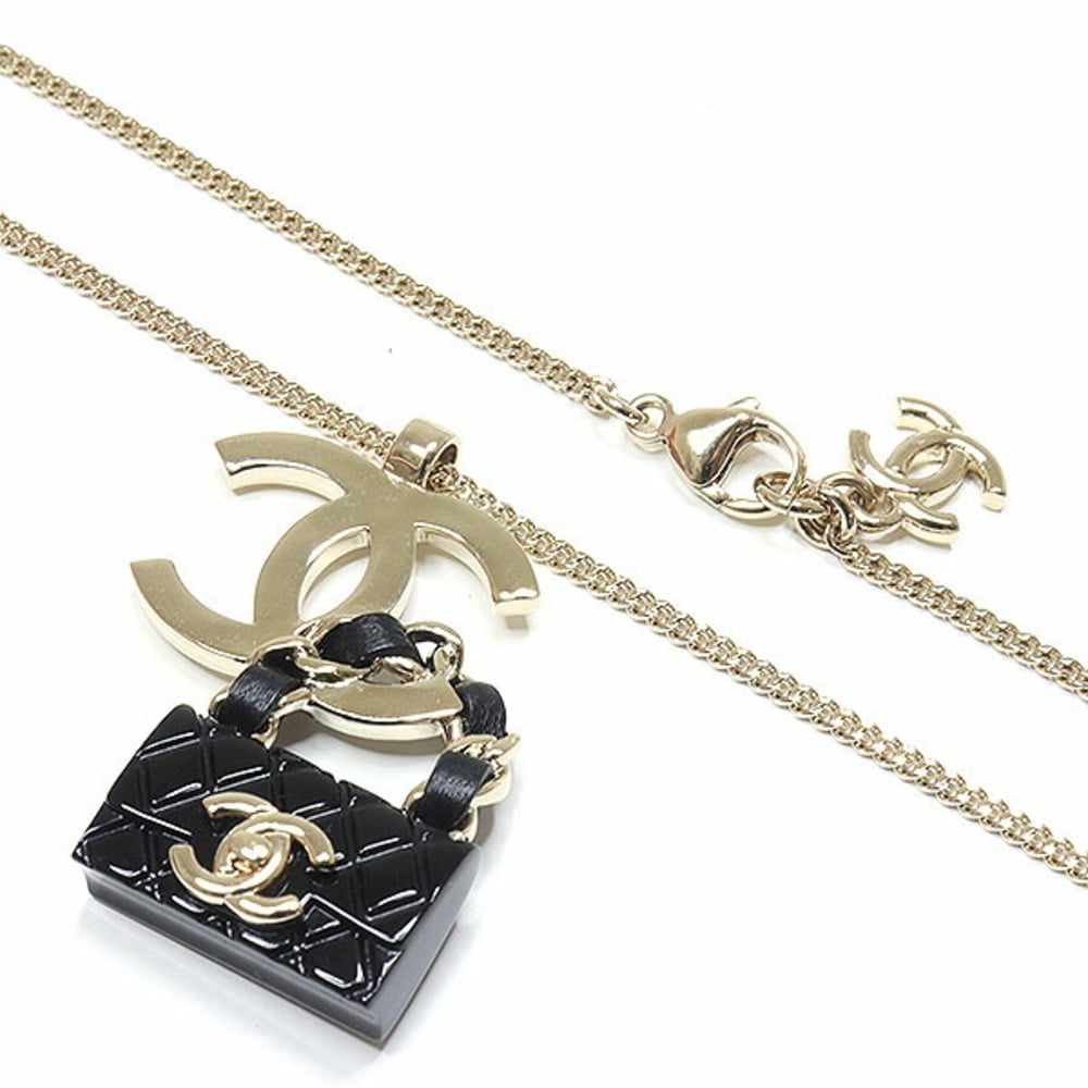 Chanel CHANEL Back Motif Pendant Necklace Metal/Resin Light Gold/Black  42/59cm B23C Cocomark Matrasse Bag Costume Jewelry