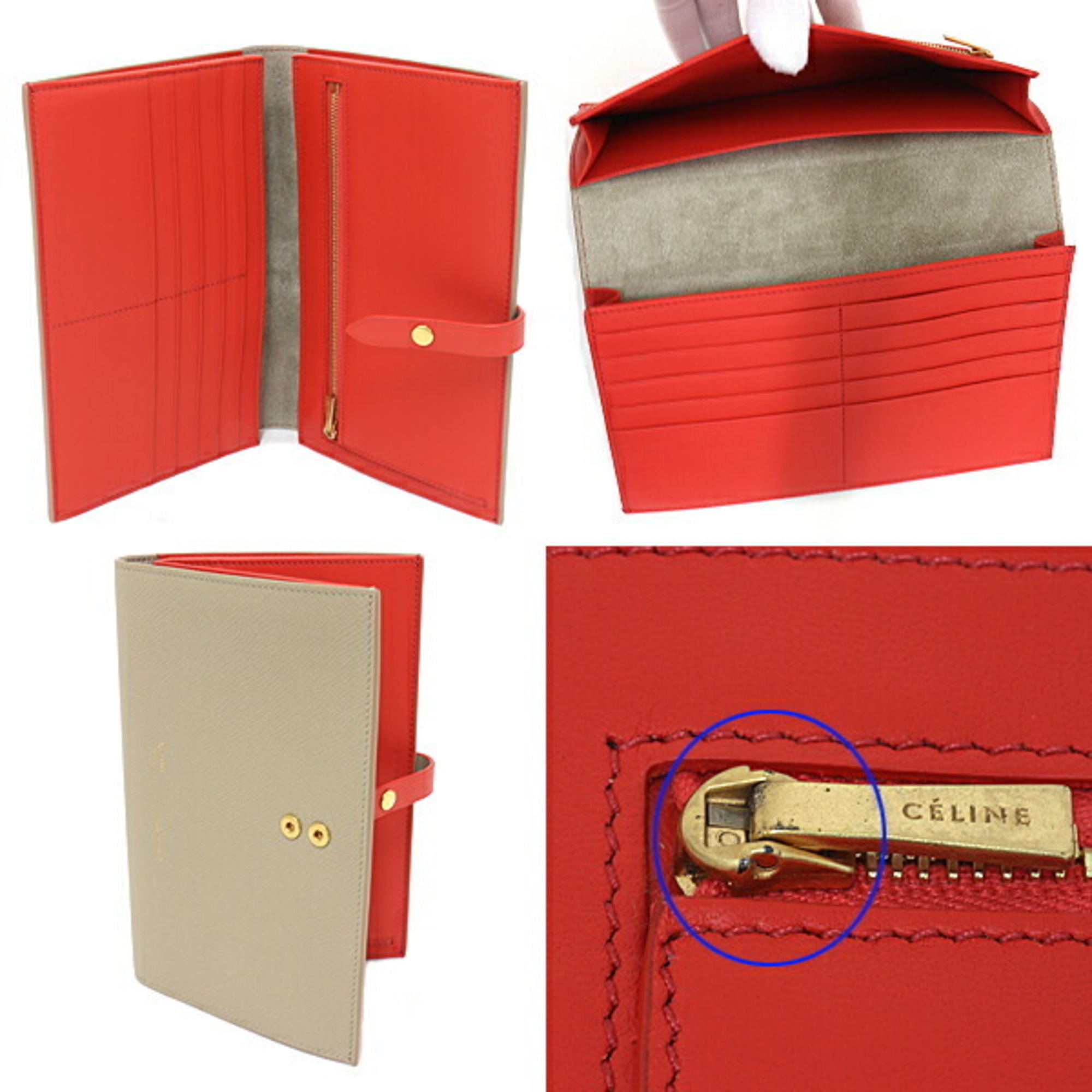 Celine CELINE LARGE STRAP WALLET large strap wallet folio long leather 10B633BFP beige orange gold metal fittings S rank
