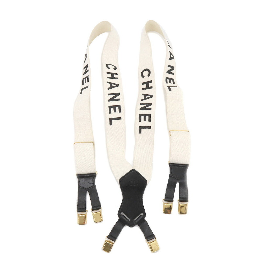 Chanel CHANEL suspenders logo canvas leather white black gold metal ...