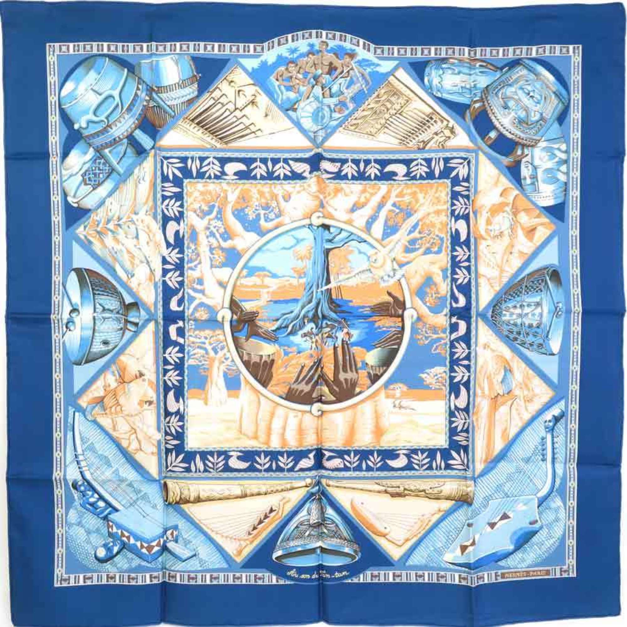 Hermes HERMES Scarf Carre 90 Au Son du Tam According to the sound of silk blue system unisex