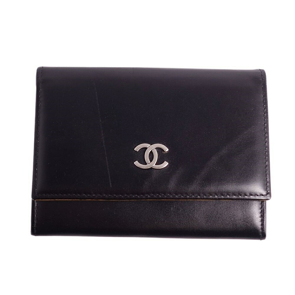 Chanel CHANEL card case business holder coin purse here mark calf leather  ladies black