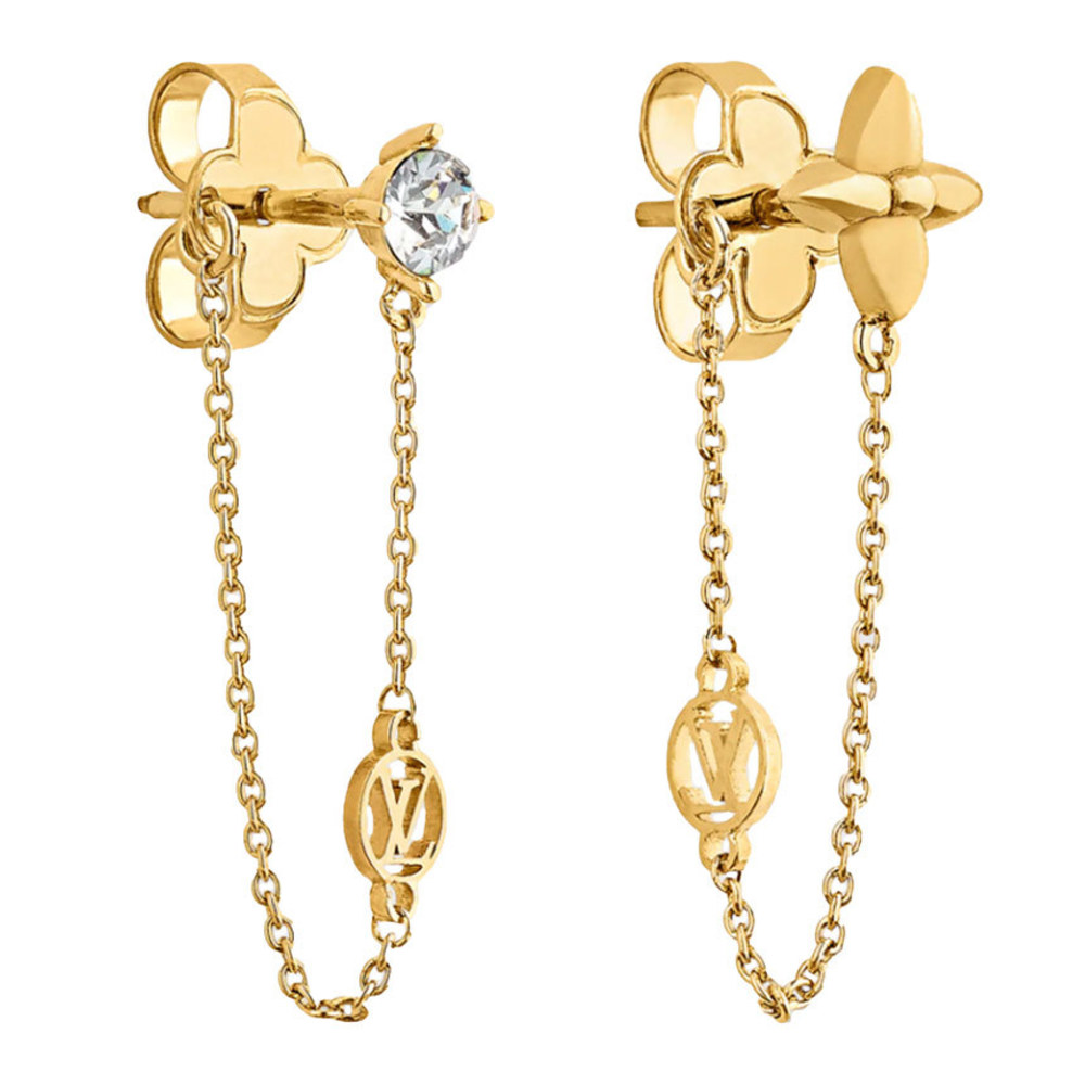 LOUIS VUITTON Petit Louis Studs Earrings M00390 Gold Crystal Monogram  Flower