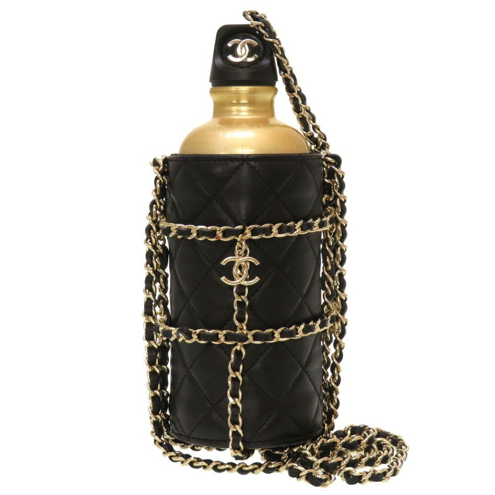 Chanel Lambskin Quilted CC Water Bottle in Black and Gold For Sale