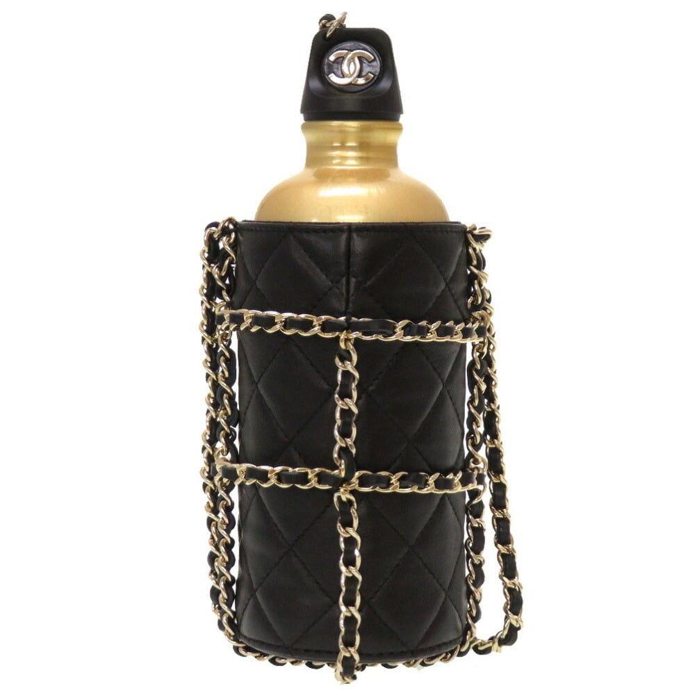 Chanel Gold Metal Water Bottle & Black Quilted Lambskin Holder