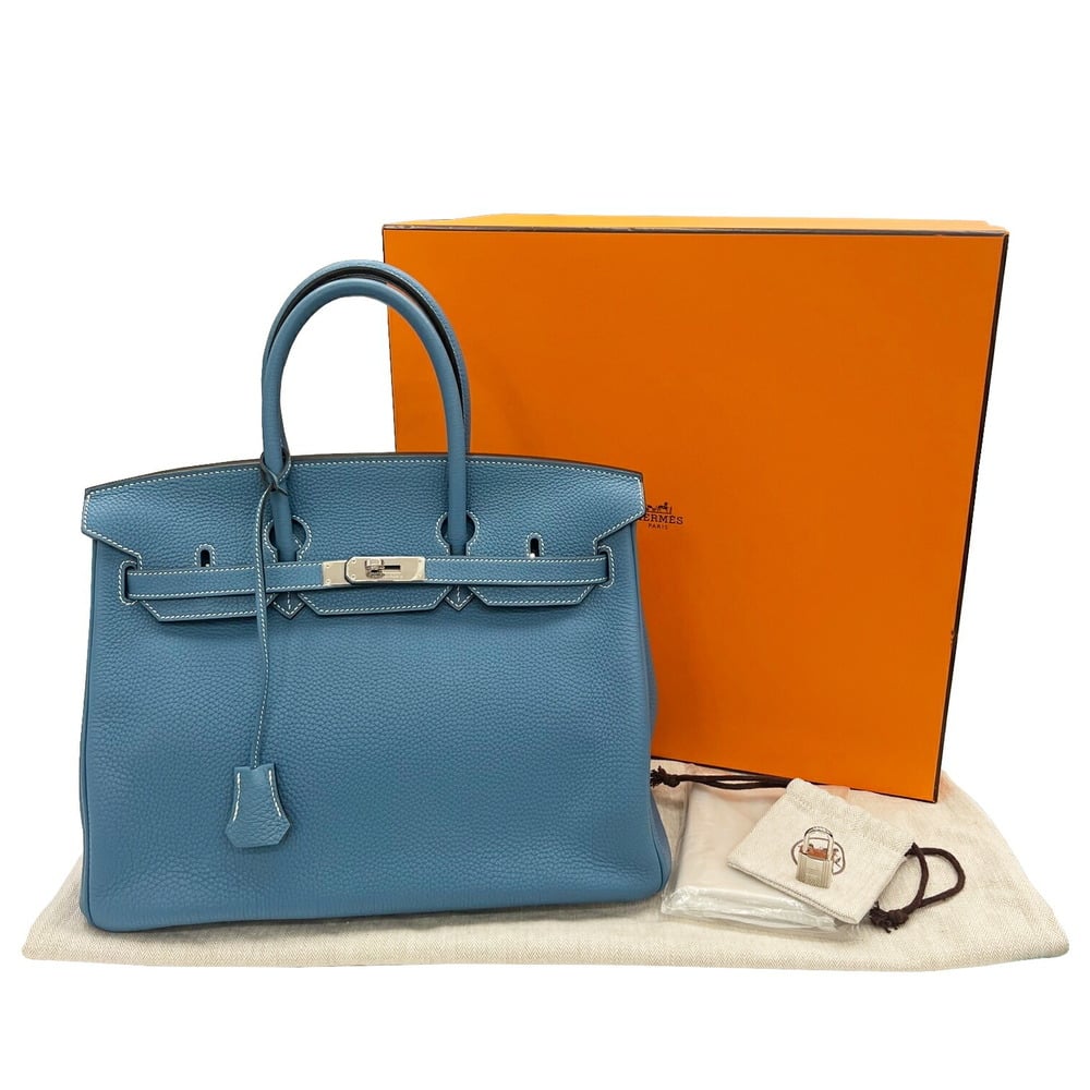 Hermes handbag Birkin 30 O engraved Togo Blue Jean silver metal