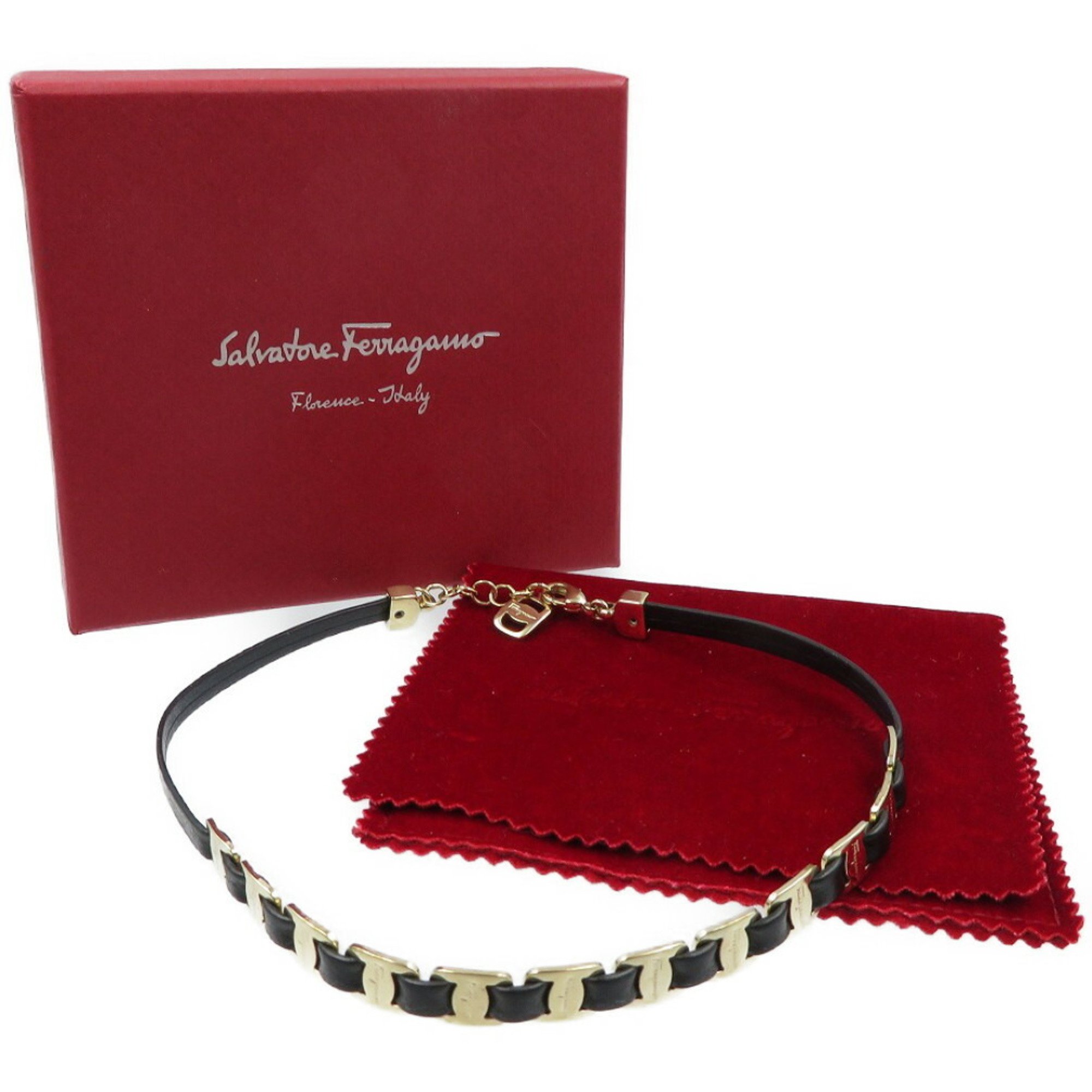 Salvatore Ferragamo Vara Chain 2 Lotus Leather Metal Black Gold Bracelet