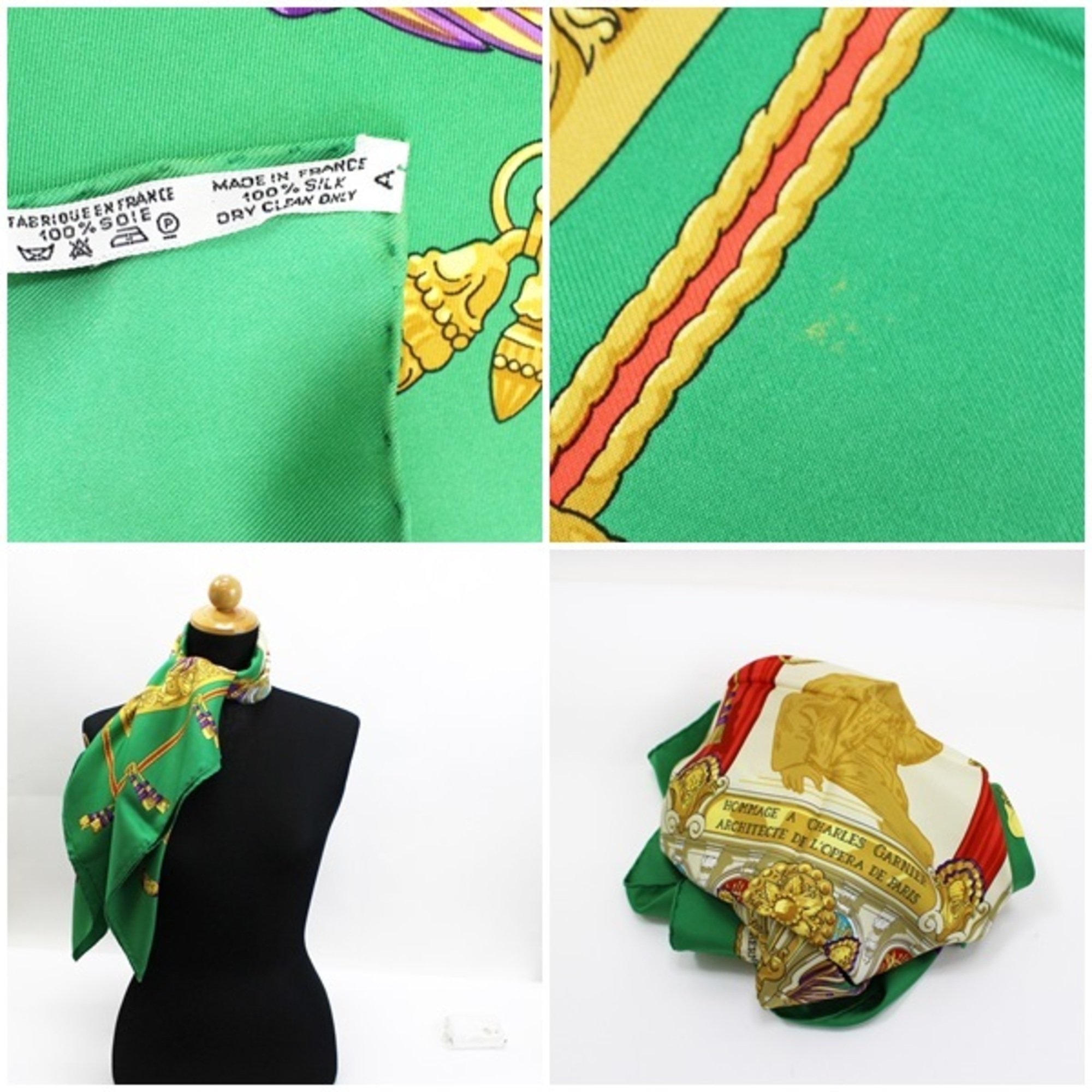 Hermes Silk Scarf Carre 90 "HOMMAGE A CHARLES GARNIER" tribute to Charles Garnier Green HERMES | For Women