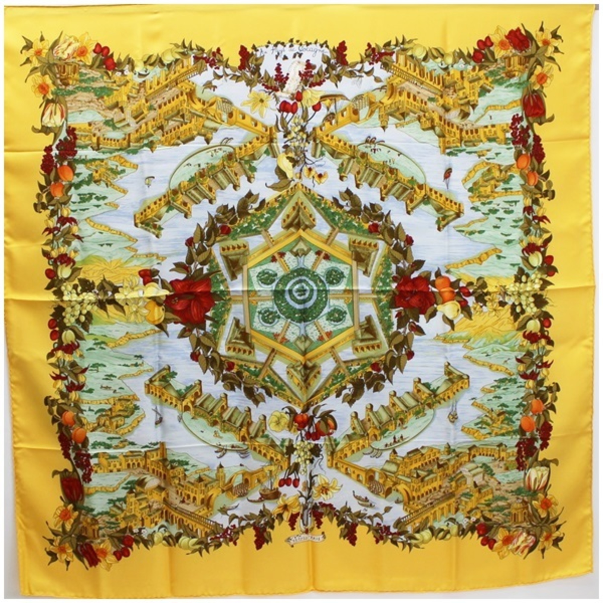 Hermes Silk Scarf Carre 90 "Au pays de Cocagne" In Paradise Yellow HERMES | For Ladies