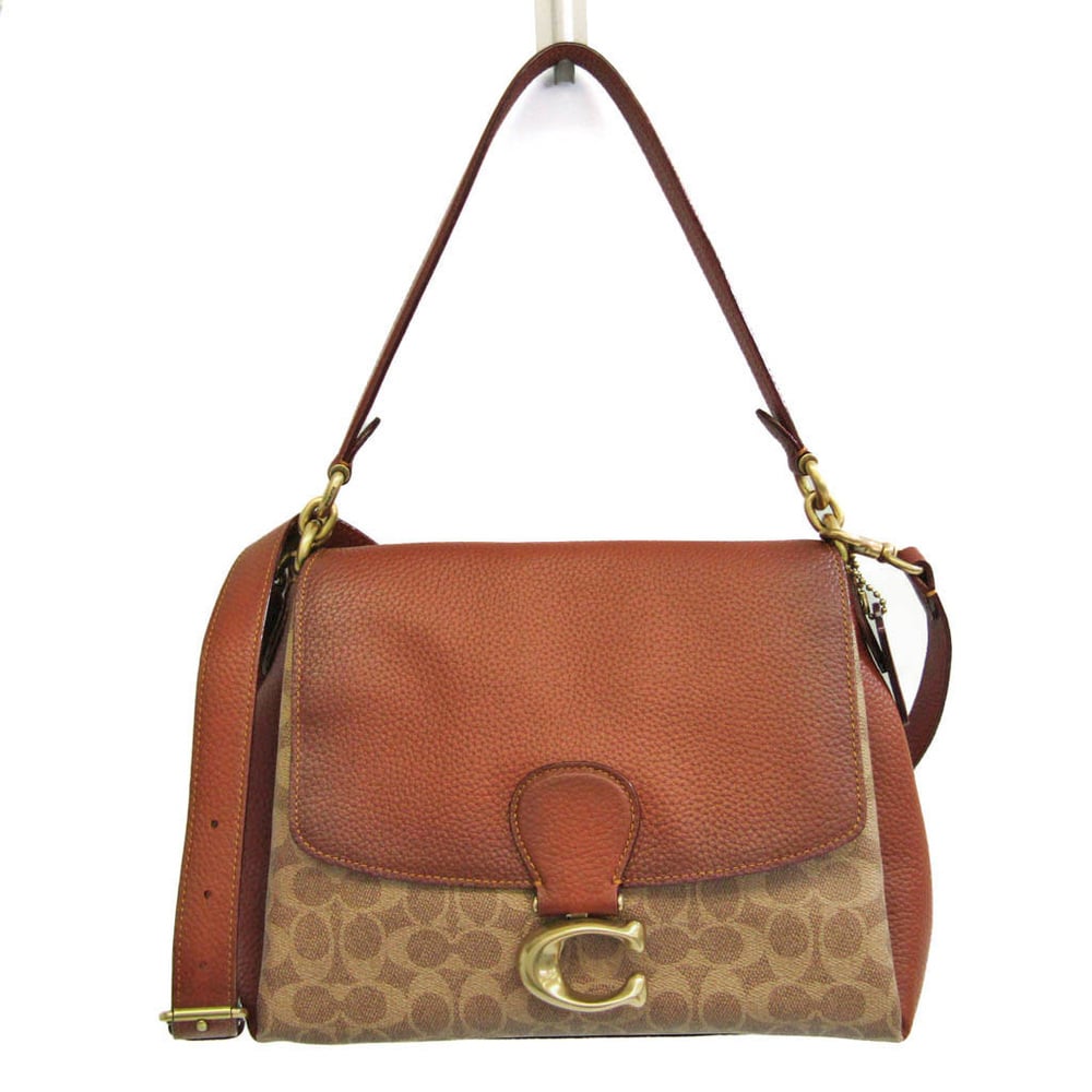 Coach Signature Mei 5229 Women's Coated Canvas,Leather Shoulder Bag  Beige,Red Brown