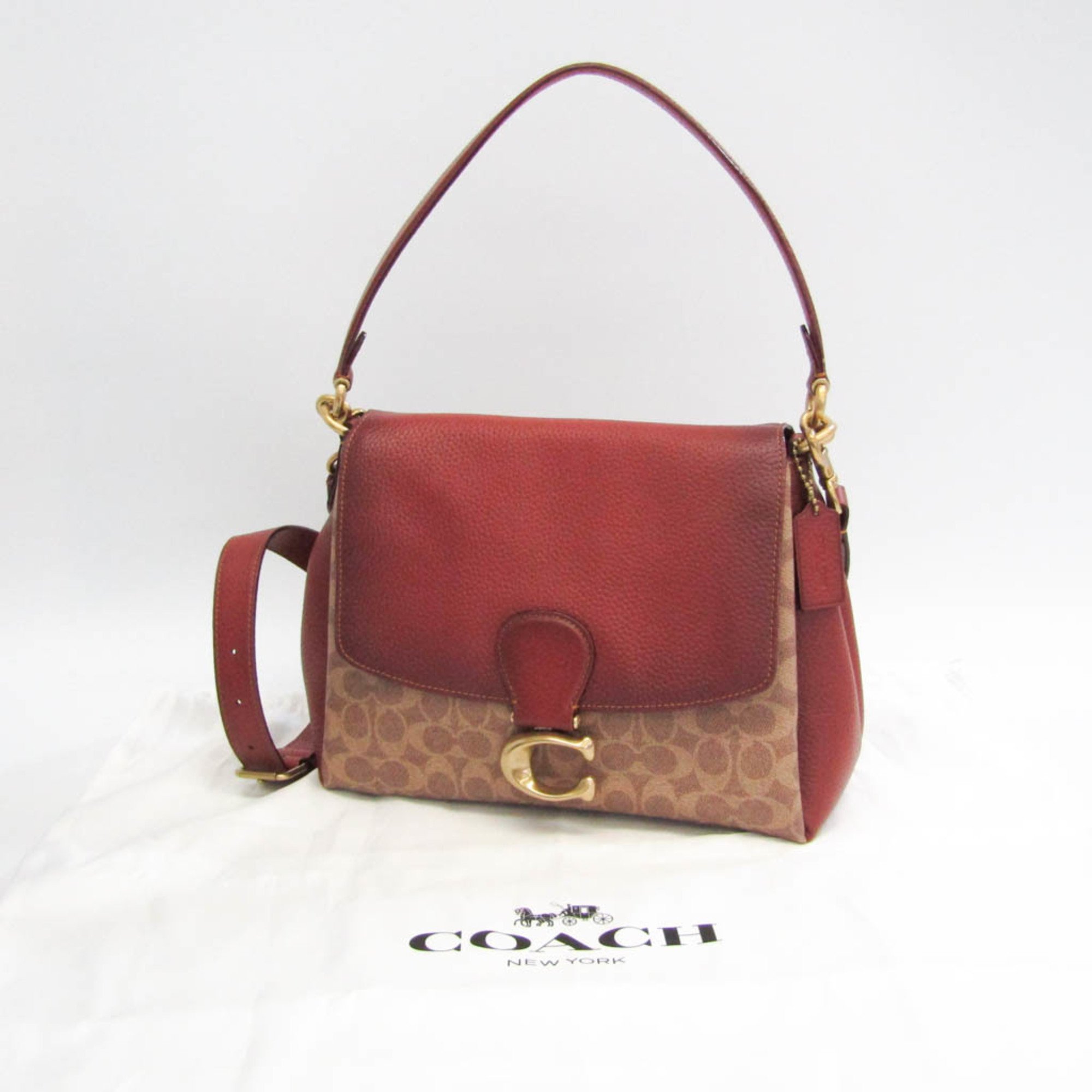 Coach Signature Mei 5229 Women's Coated Canvas,Leather Shoulder Bag Beige,Red Brown