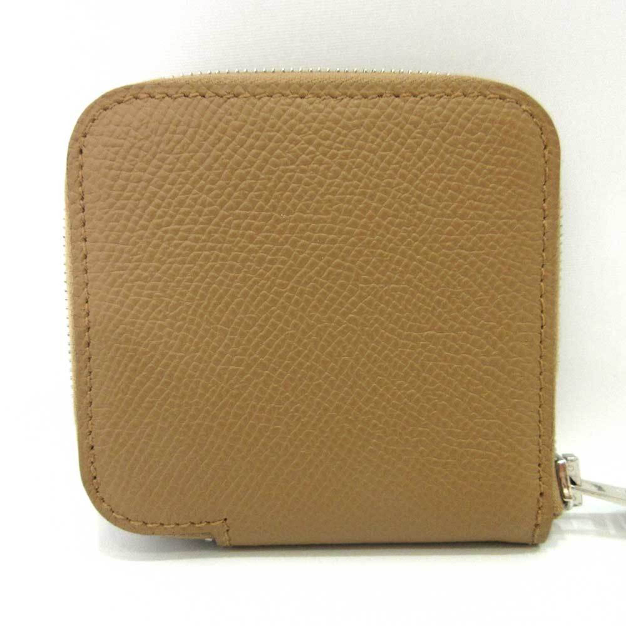 Hermes Wallet Azap Compact Silk-in Brown Coin Case Purse Square Round Zipper Women's Vaux Epsom HERMES