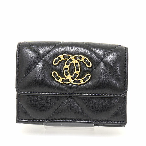Chanel CHANEL 19 Small Flap Wallet Lambskin Black Red Gold Metal
