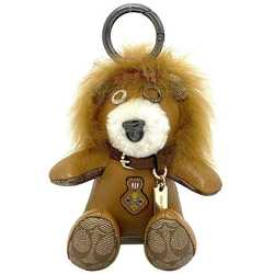 Coach Bag Charm Brown Beige Silver Signature 39718 Lion Wizard of Oz Leather PVC Fur COACH Keyring Animal WIZARD OF Z Keychain Women's