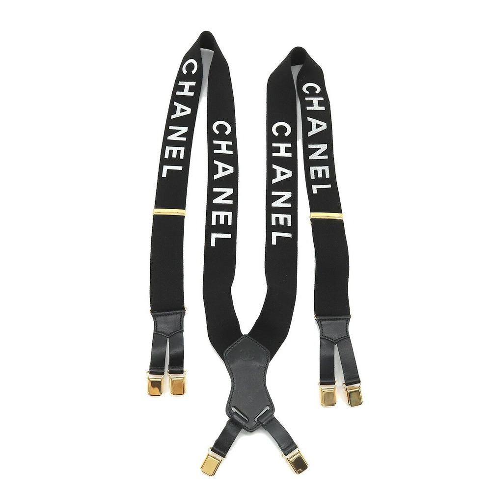 Chanel CHANEL suspenders logo canvas leather black white gold metal  fittings Vintage Suspender