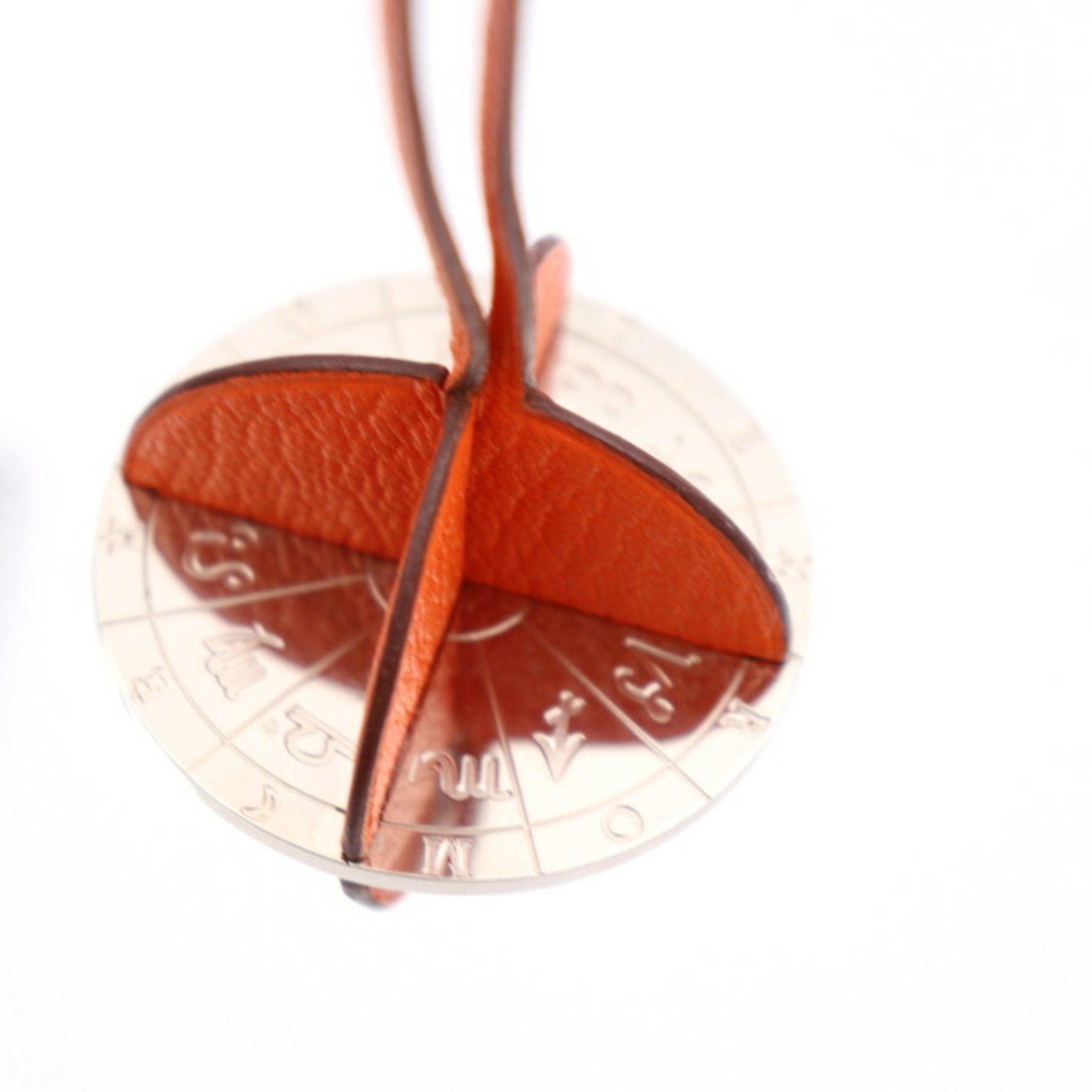 HERMES Hermes Karenka Necklace Leather Metal Orange Silver Pendant Constellation