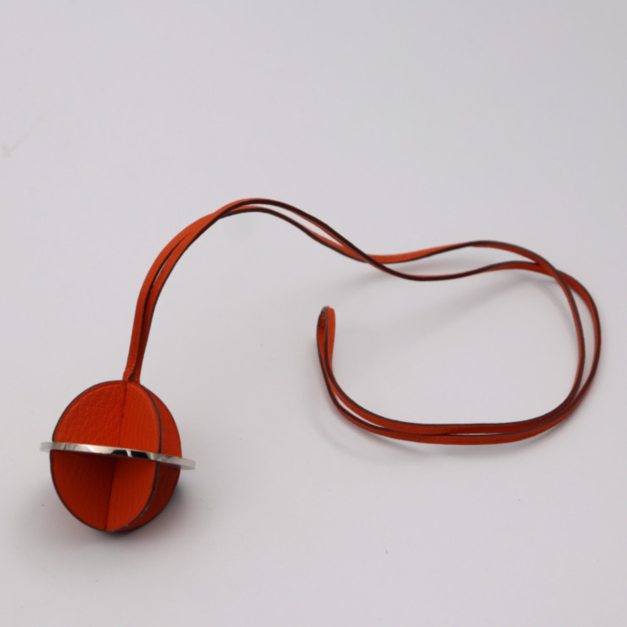 HERMES Hermes Karenka Necklace Leather Metal Orange Silver Pendant Constellation