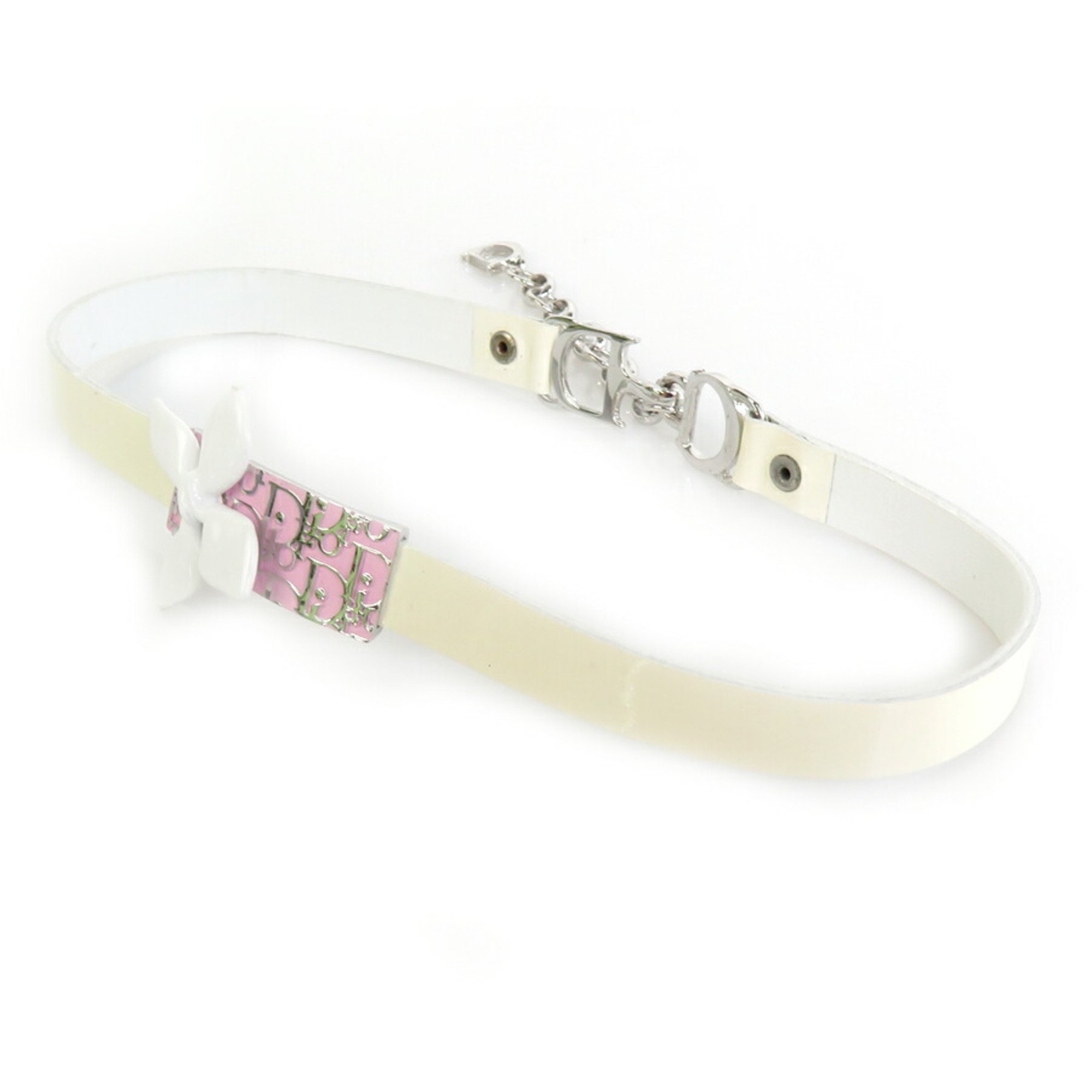 Christian Dior Choker Necklace Trotter Flower Leather/Metal Off-White/Pink/Silver Women's e55784f