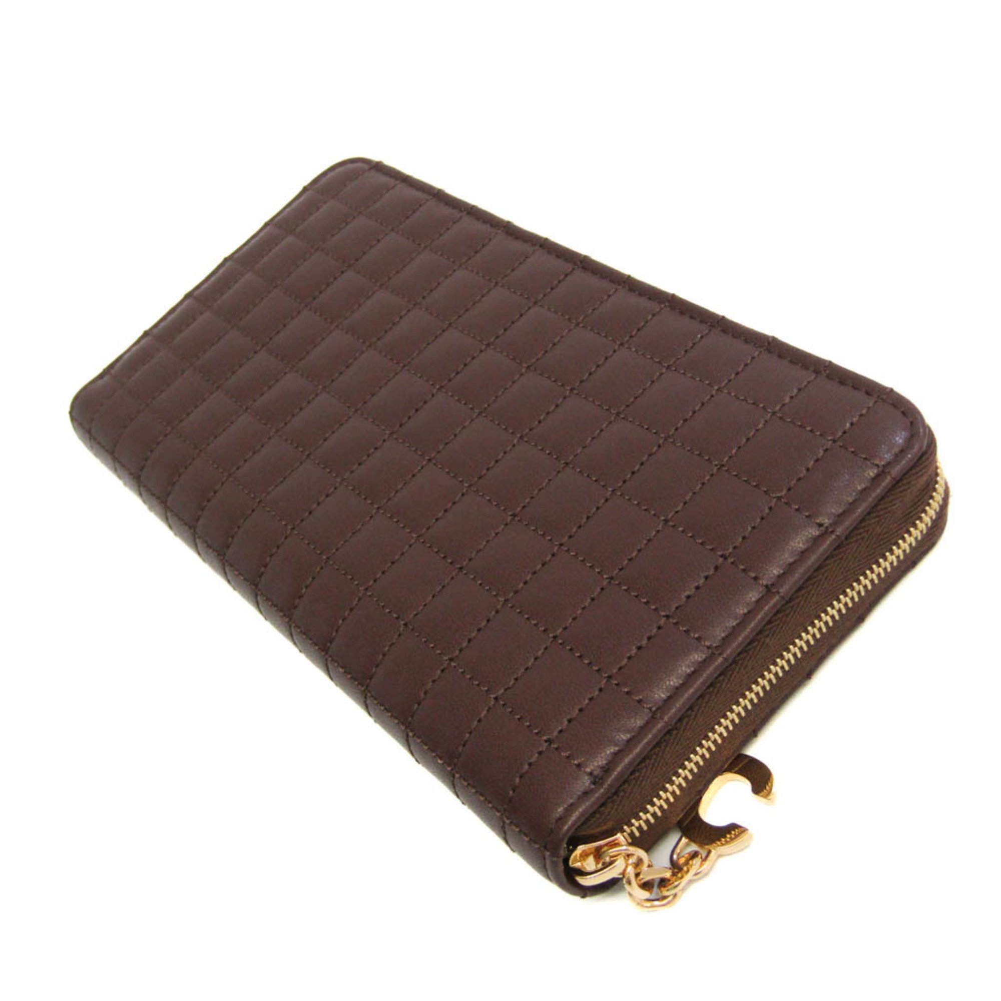 Celine Round Fastener Quilting With C Charm 10B553BFL Women's Leather Long Wallet (bi-fold) Dark Brown