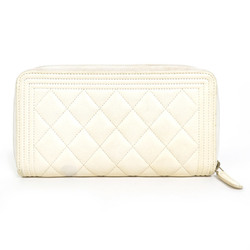 Chanel CHANEL Round Zipper Long Wallet Boy Caviar Skin Leather Off-White Gold Women's e55885i