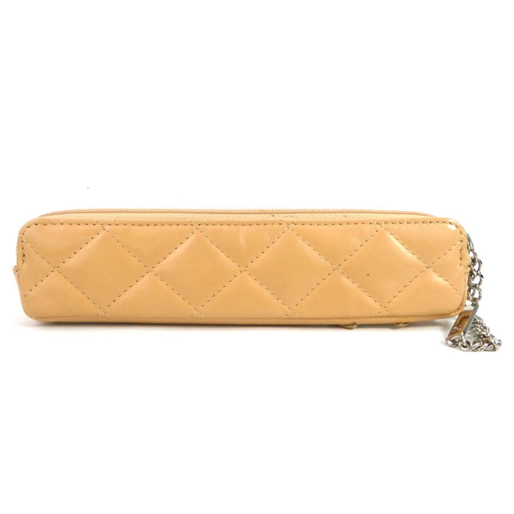 Chanel CHANEL Pen Case Cambon Line Leather/Patent Leather Beige Silver Women's e55914f