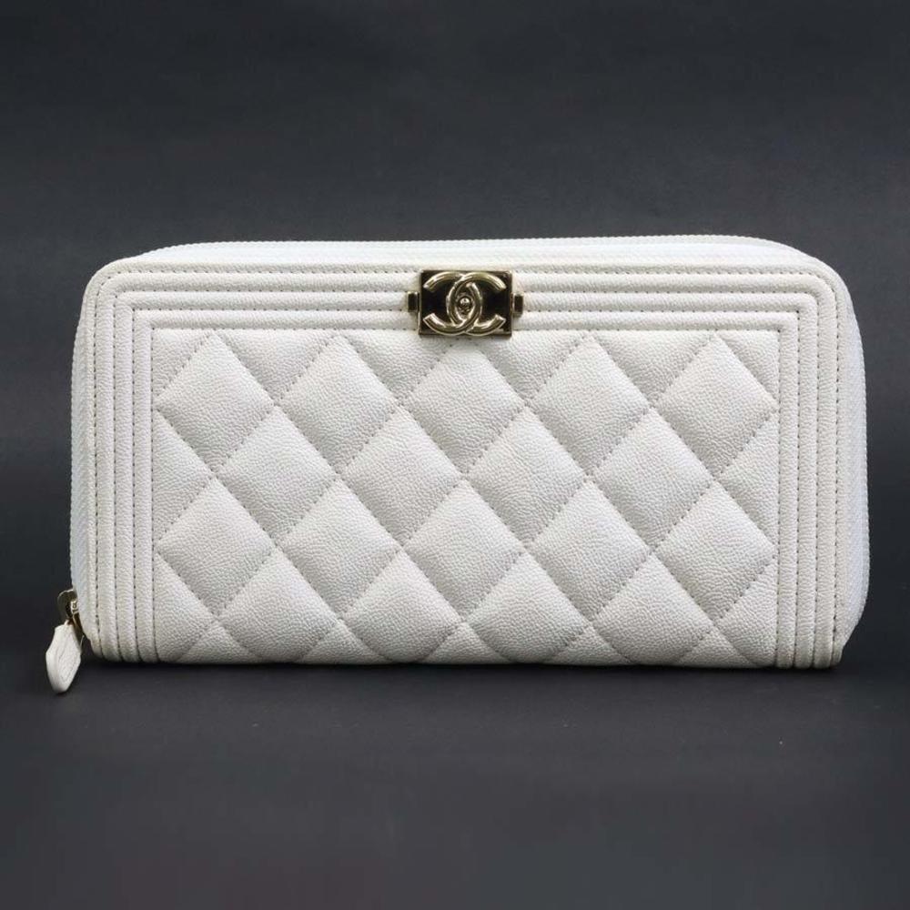 Chanel CHANEL Round Zipper Long Wallet Boy Leather White Gold