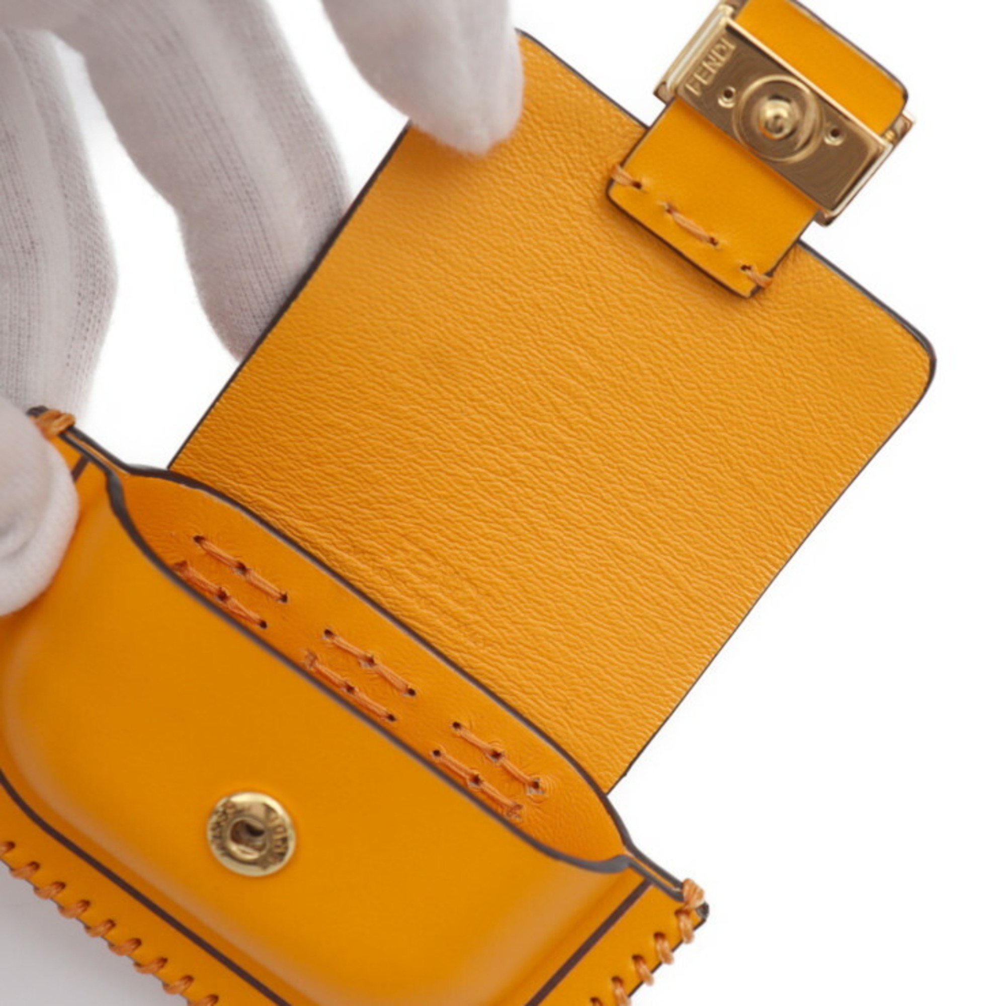 FENDI Fendi Pico Baguette Bag Pouch 7AR946 Calf Leather Orange Gold Hardware Earphone Case AirPods Holder