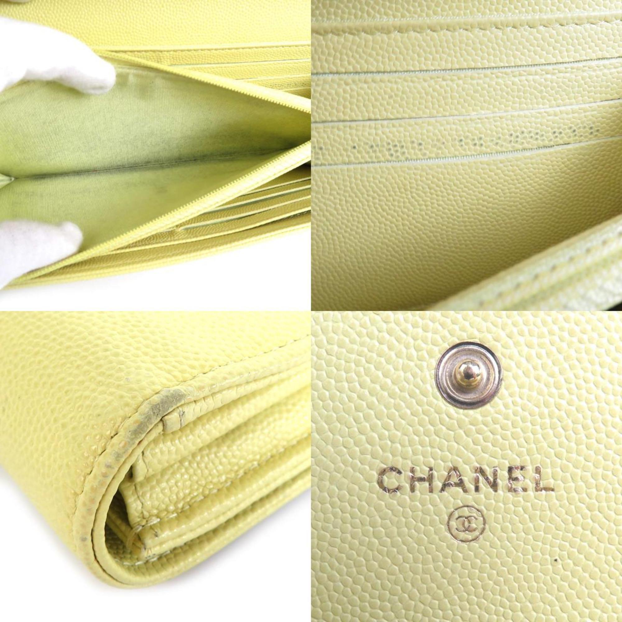 Chanel CHANEL Long Wallet Coco Mark Caviar Skin Leather Light Yellow Women's r9578a