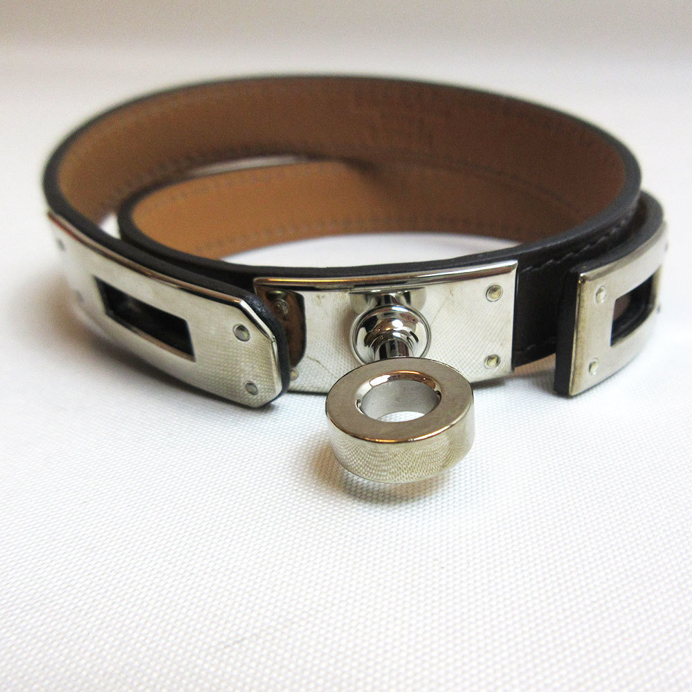 Hermes Kelly bracelet double tour brown silver metal fittings leather HERMES