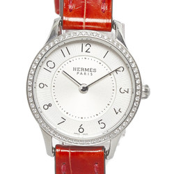 Hermes de diamond bezel watch CA2.130 quartz silver dial stainless steel leather ladies HERMES