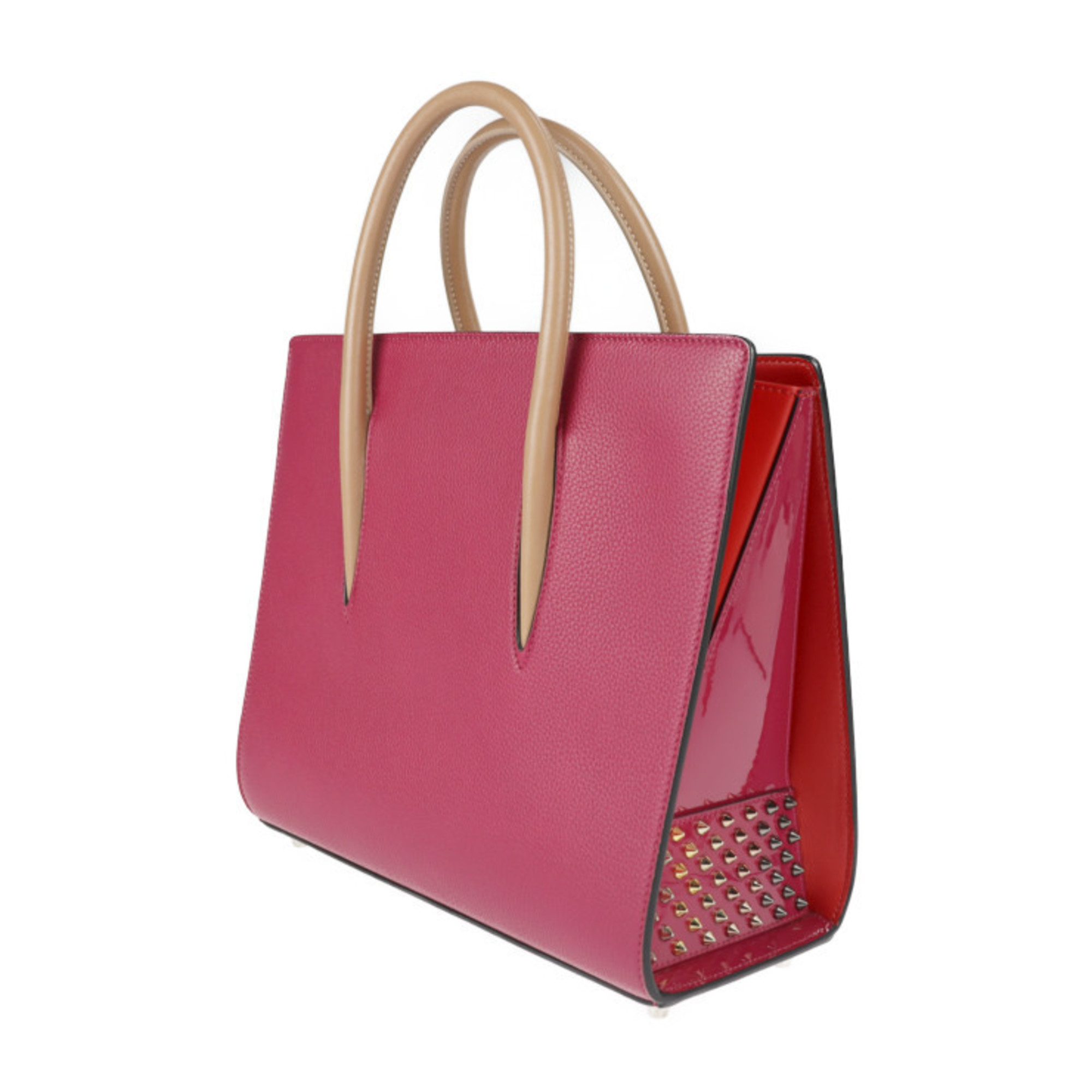 Christian Louboutin Paloma Medium Tote Handbag 3175022 Leather Fuchsia Beige Red Spike Studs 2WAY Shoulder Bag