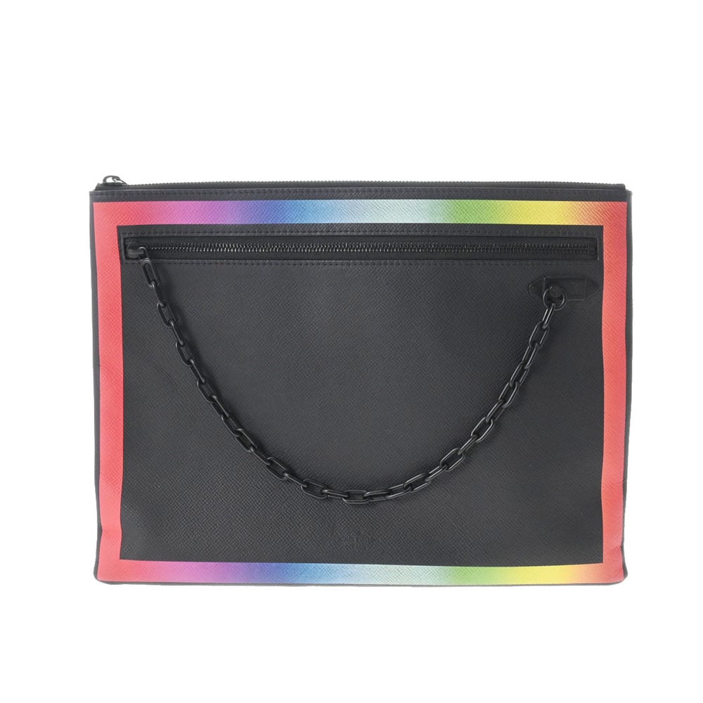 Louis Vuitton Mens Pochette Bag Black Taiga Leather Rainbow Travel Clutch  Pouch