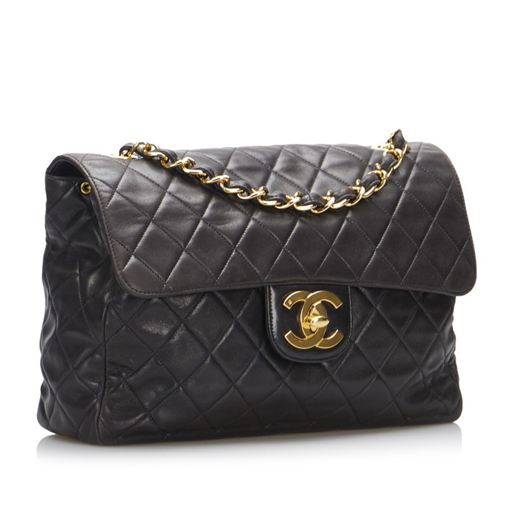 Chanel Big Matrasse Single Flap Chain Shoulder Bag Black Lambskin