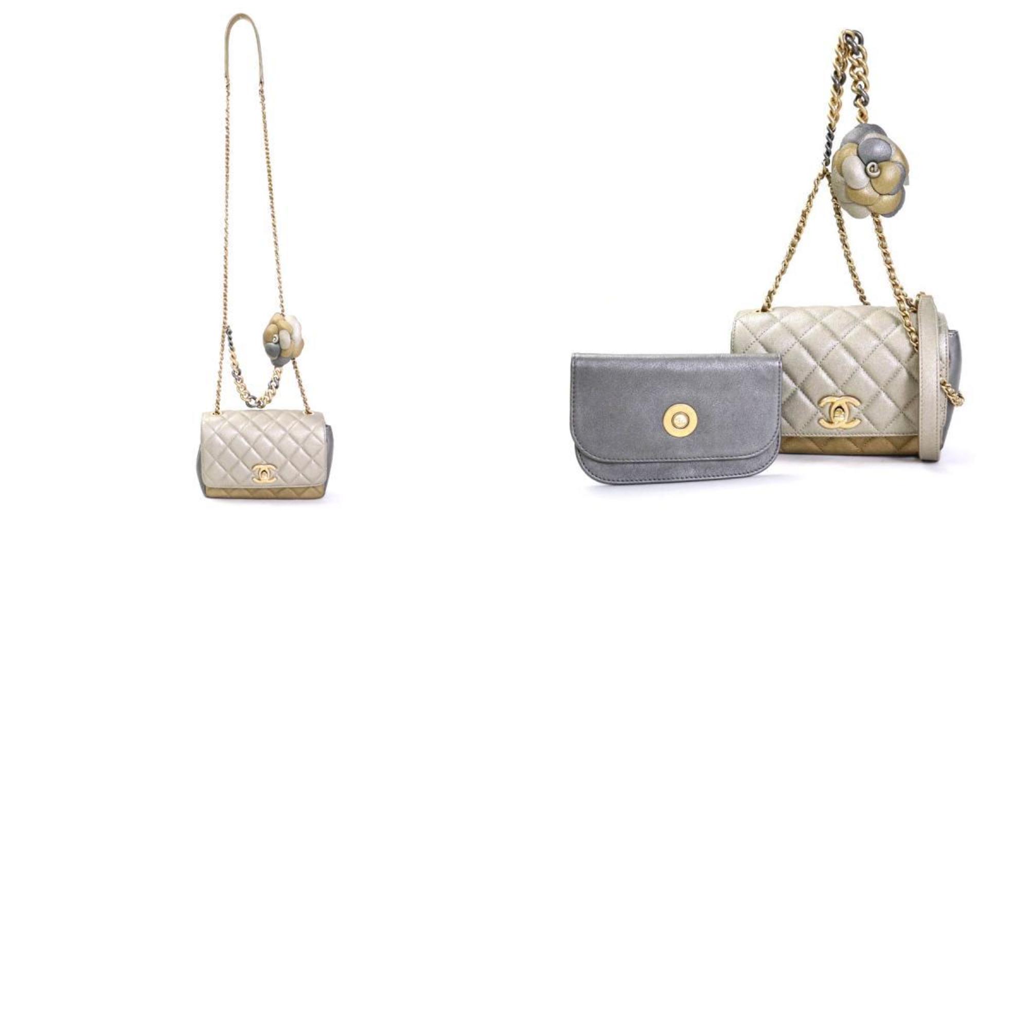 Chanel CHANEL Diagonal Shoulder Bag Matelasse Camellia Leather/Metal Greige/Gold/Gray Women's e55934a