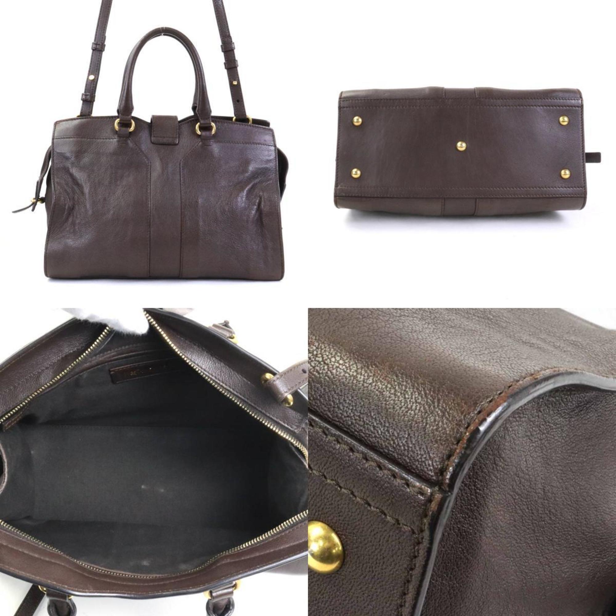 Yves Saint Laurent YVES SAINT LAURENT Handbag Shoulder Bag Y Line Cabas Leather Dark Brown Gold Women's e56055f