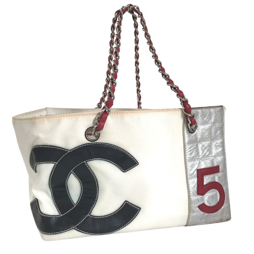 Chanel tote bag No.5 chocolate bar chain canvas leather white