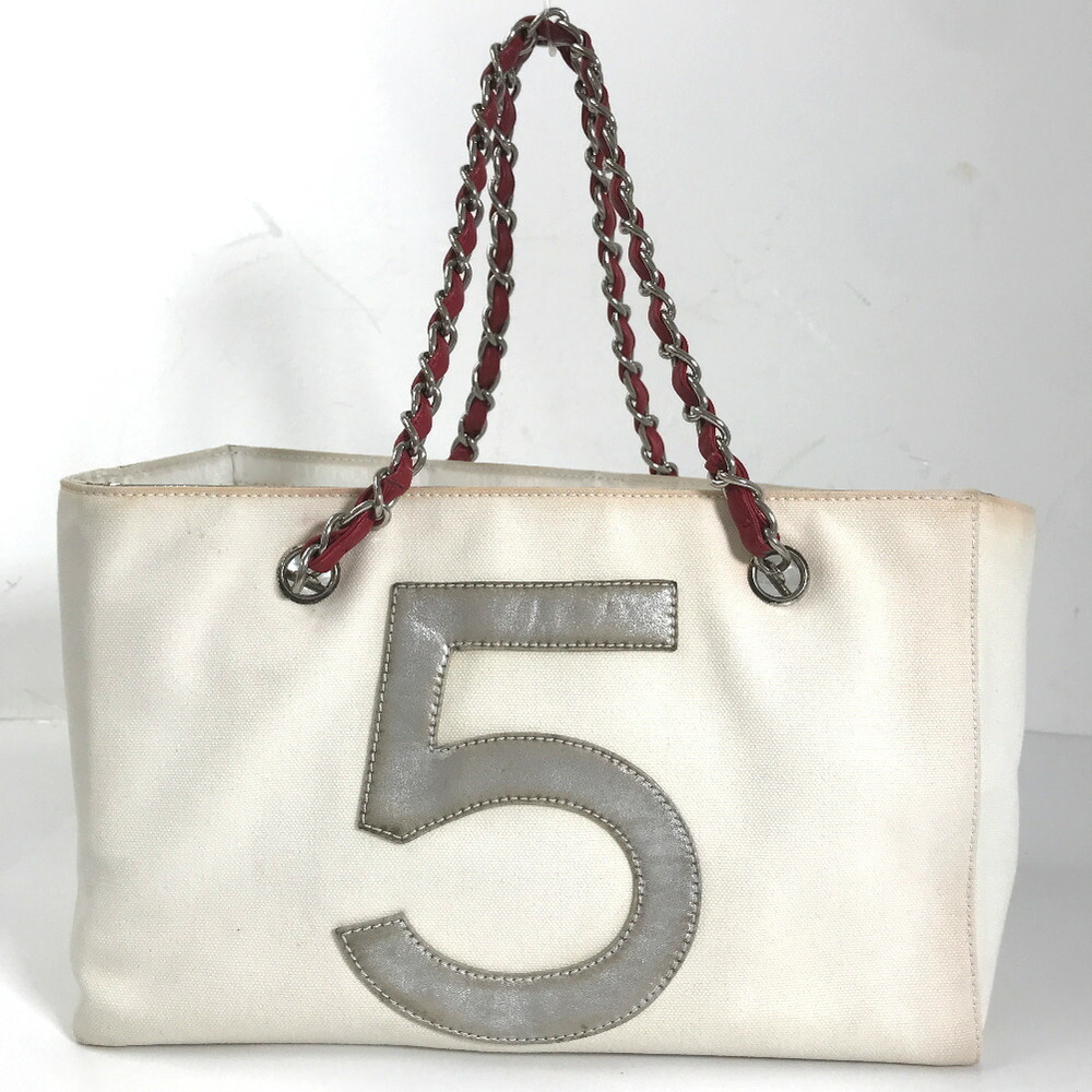 Chanel tote bag No.5 chocolate bar chain canvas leather white