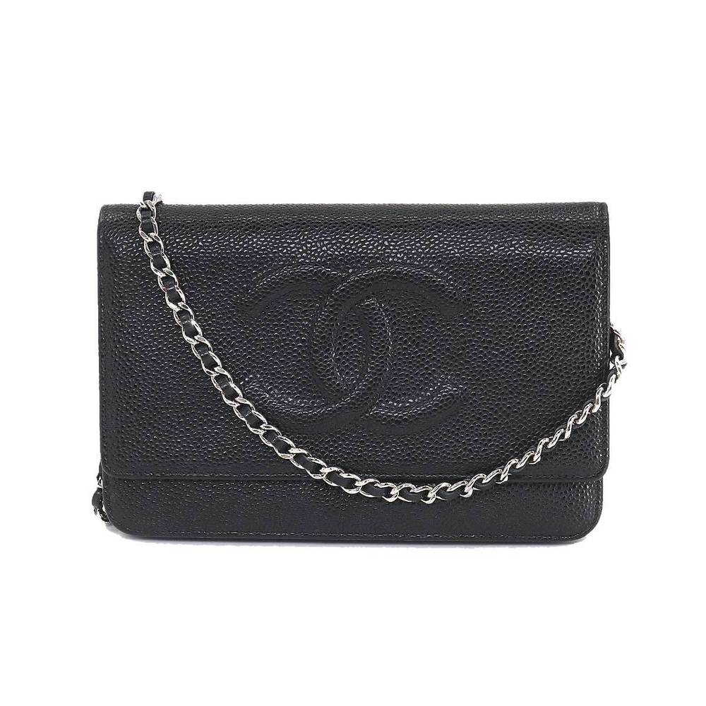 Chanel CHANEL caviar skin chain wallet long leather black A48654