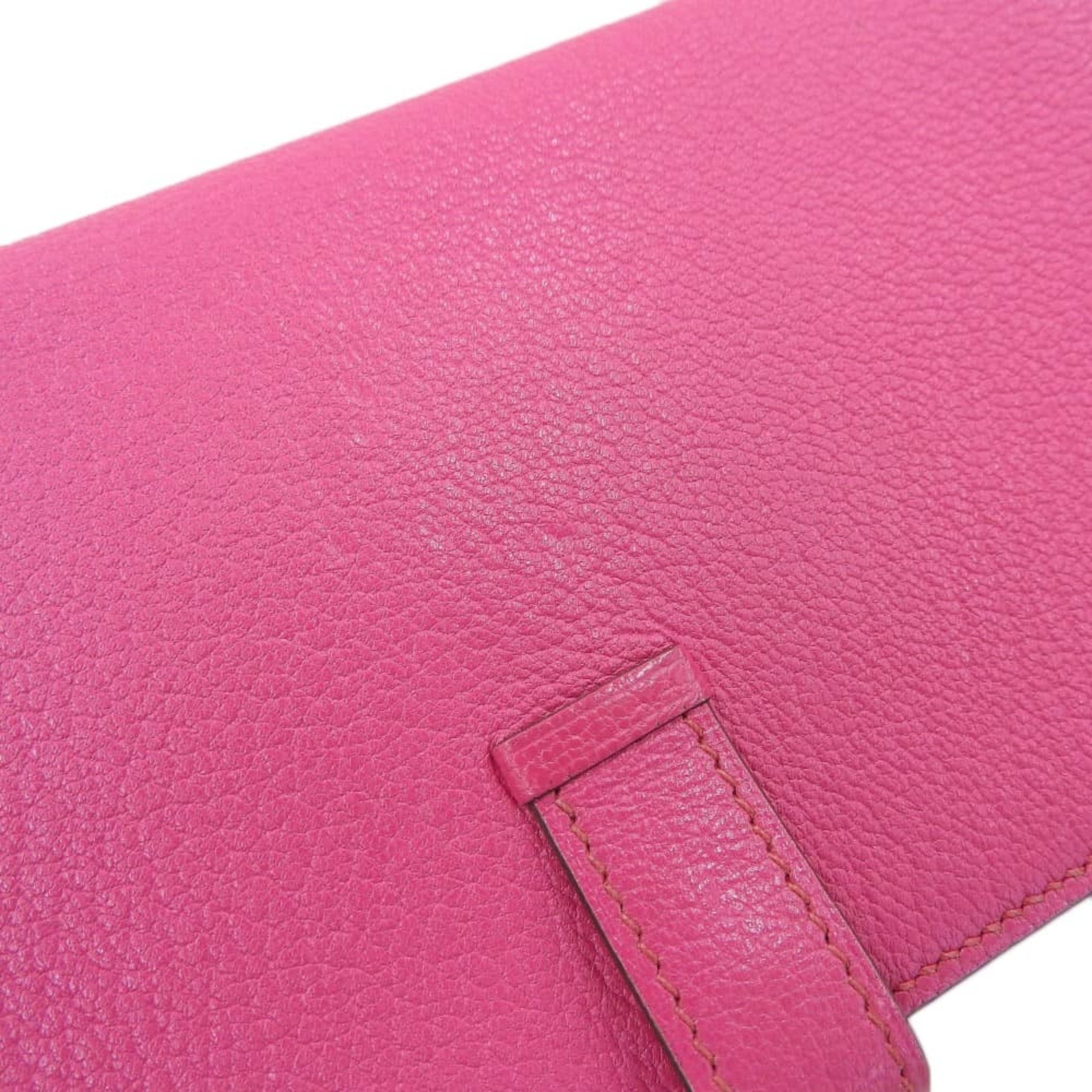 Hermes HERMES Bear Souffle Bifold Long Wallet Chevre Pink Rose Shocking GP Metal Fittings □M Engraved