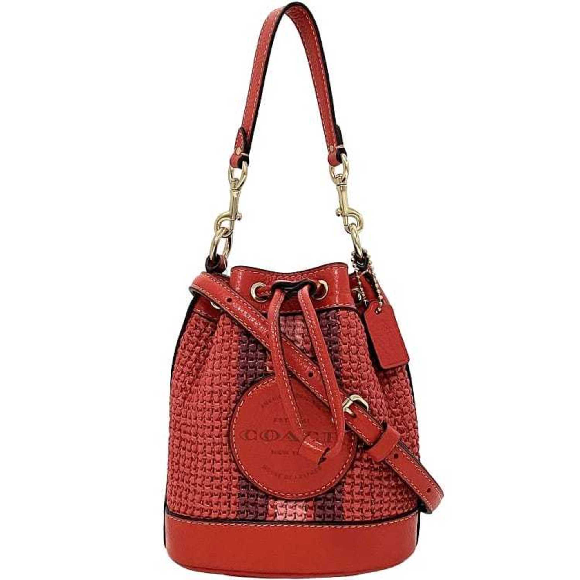 Coach Bag Red Gold Dempsey C9955 Leather Straw COACH Pochette Shoulder Bucket