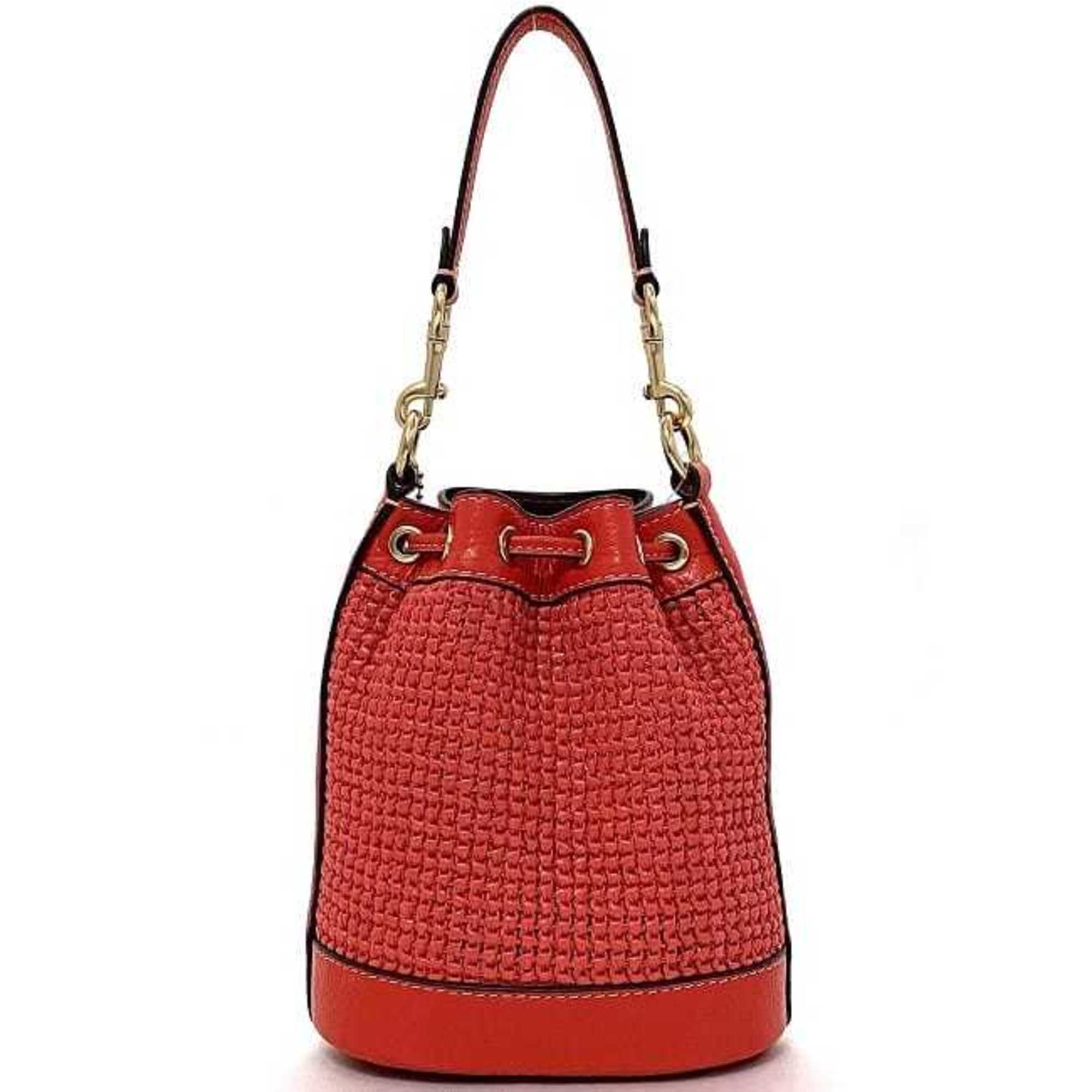 Coach Bag Red Gold Dempsey C9955 Leather Straw COACH Pochette Shoulder Bucket