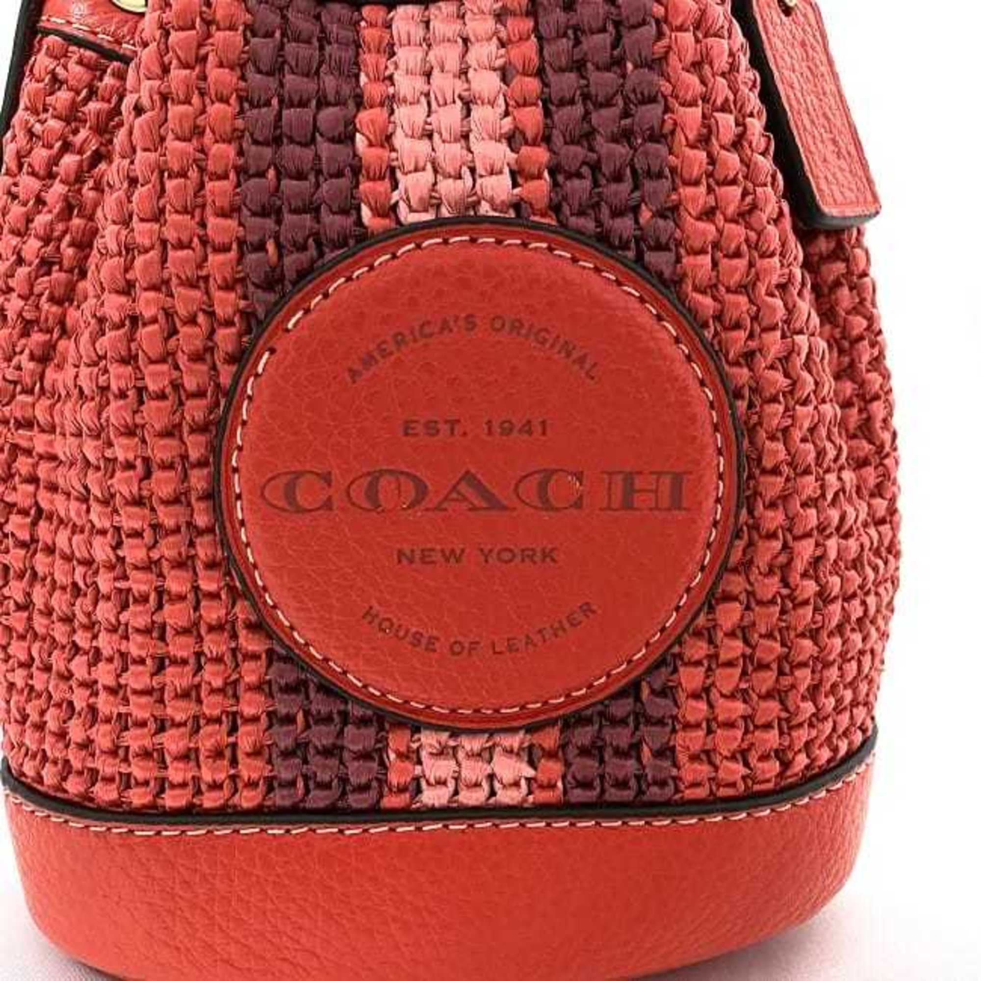 Coach Bag Red Gold Dempsey C9955 Leather Straw COACH Pochette Shoulder Bucket