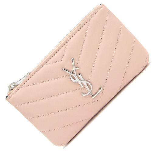 SAINT LAURENT Calfskin Matelasse Monogram Key Pouch Pale Pink 503725