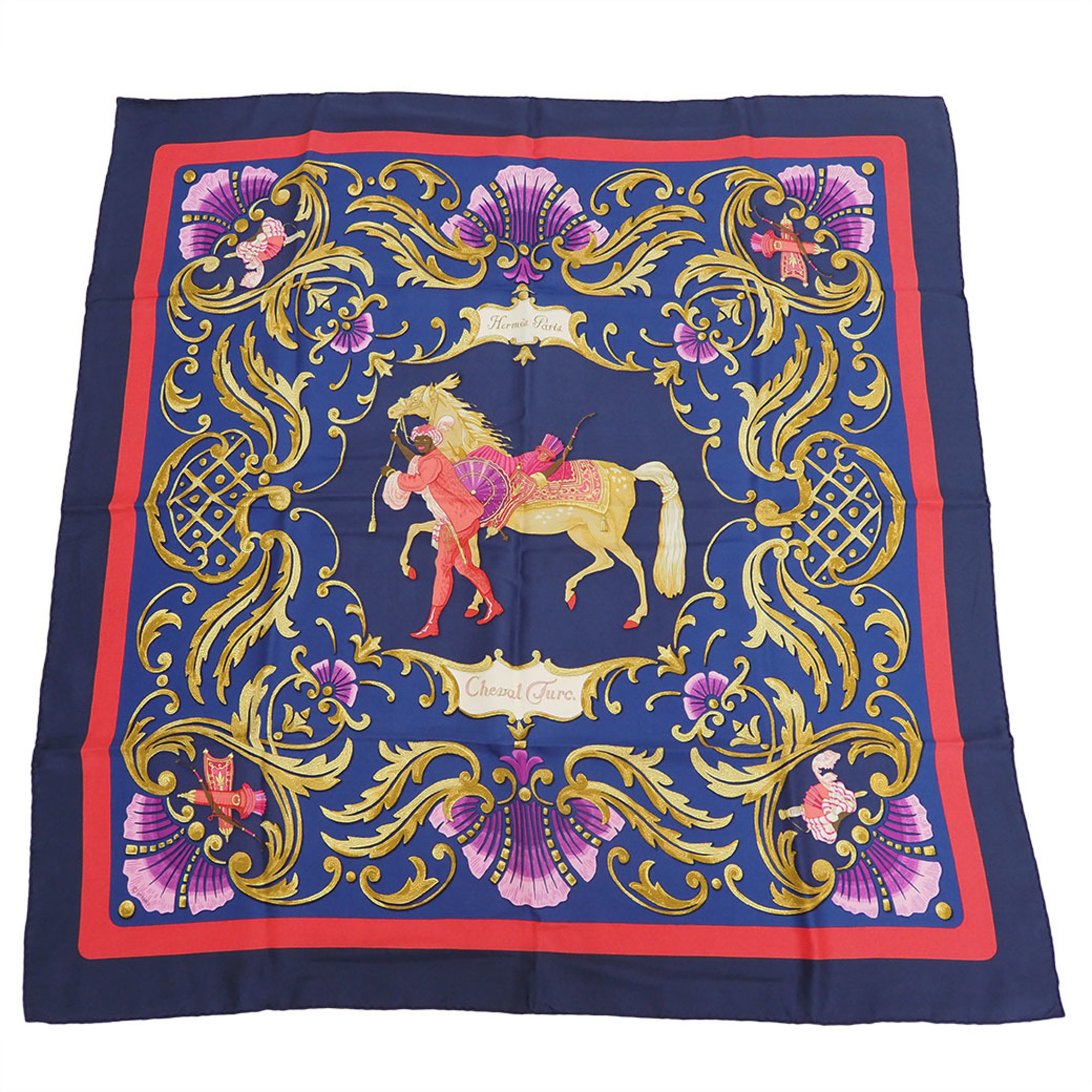 Hermes Carre 90 Scarf Muffler Turkish Horse Cheval Turc Navy x Blue Red Women's Silk HERMES